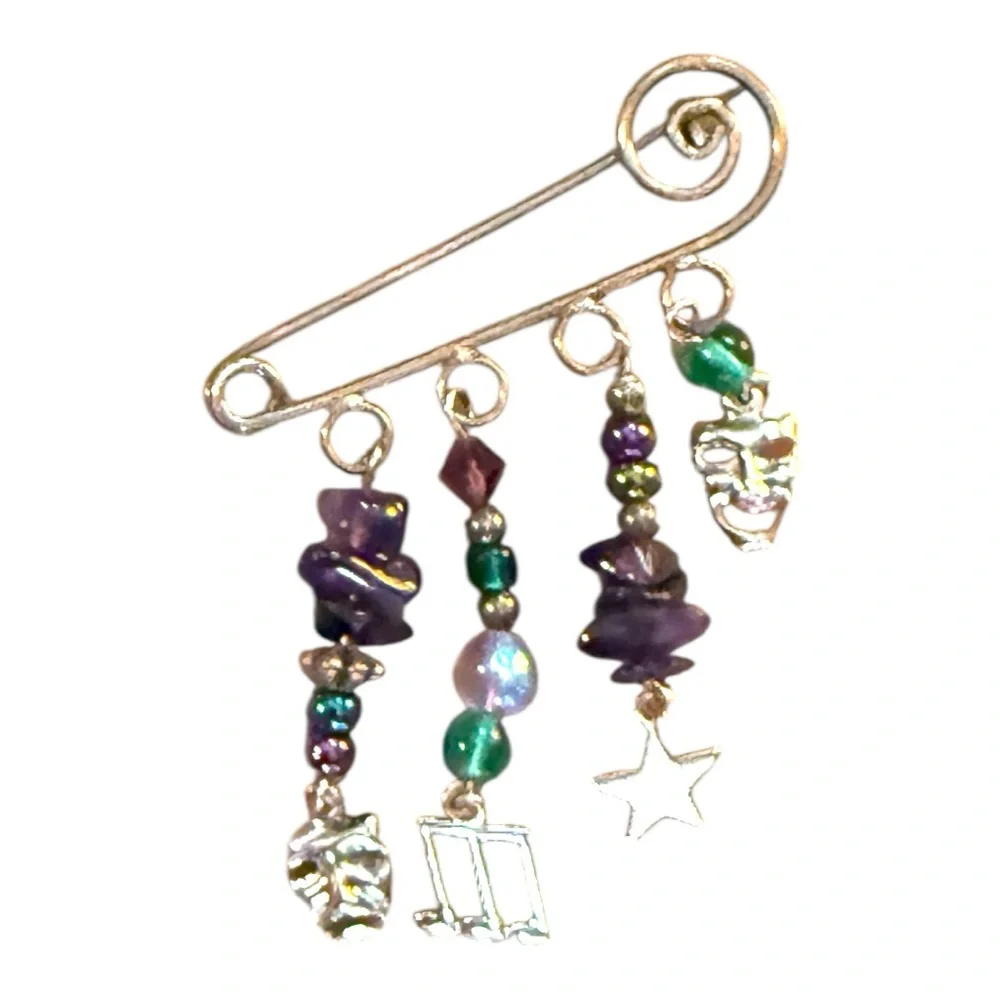 Music drama safety pin charm brooch multicolor beads Women’s jewelry